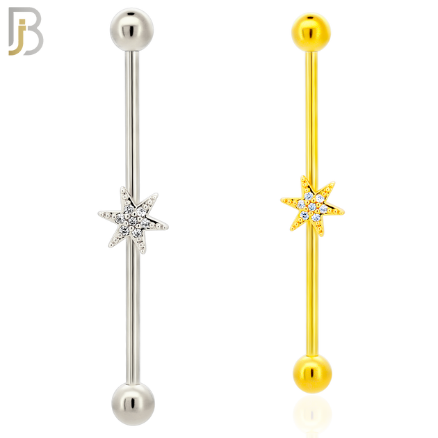 BB31 - 316L Surgical Steel Screw Bar with Brass Star with  CZ Design Barbell Industrial (PACK OF 4) image 0