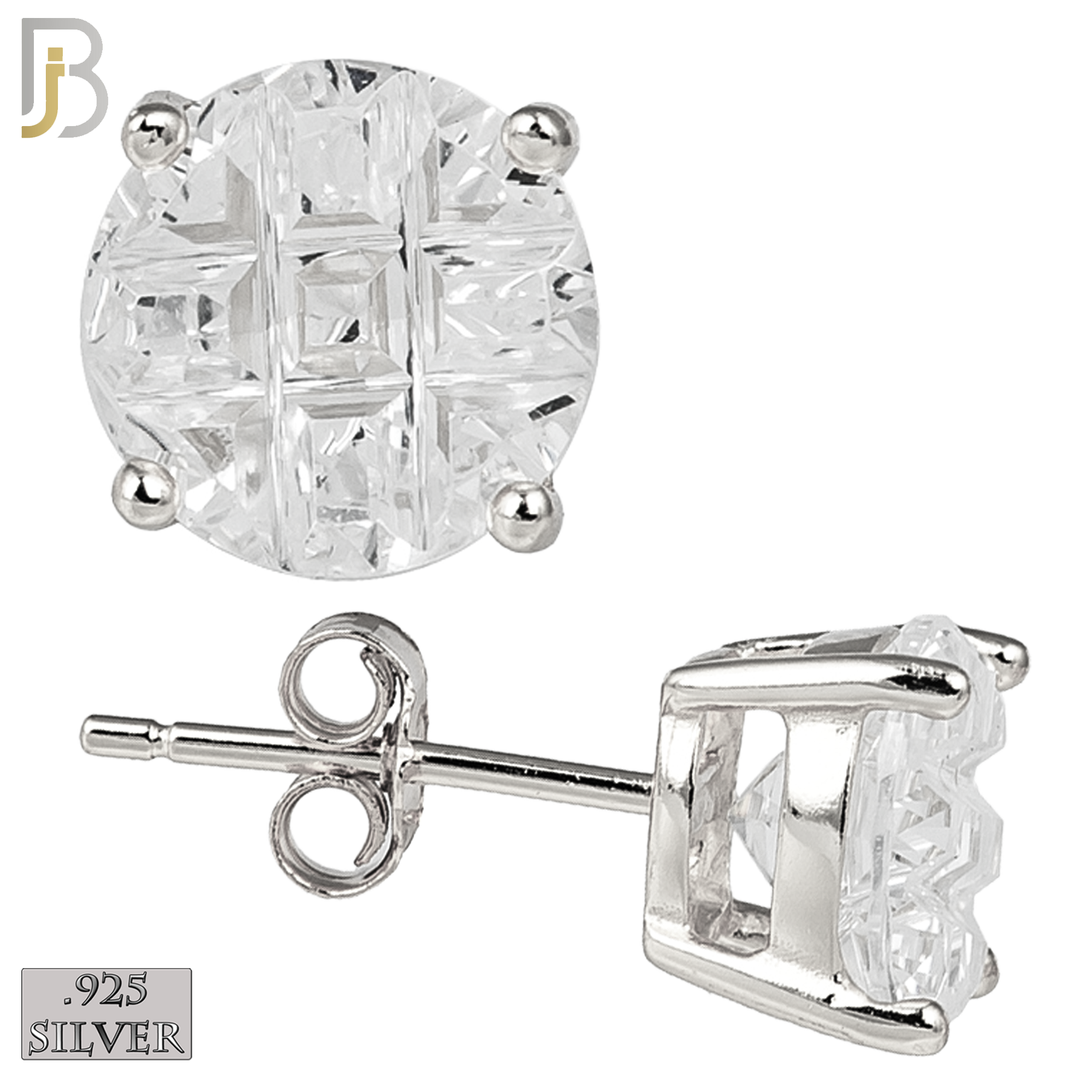 925-ES73-SC - .925 Sterling Silver Rhodium Plated Earring Stud Casting Round Invisible Cut Prong Setting Clear Zircon image 0