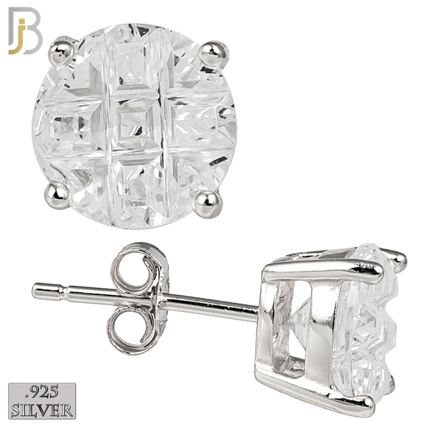 925-ES73-SC - .925 Sterling Silver Rhodium Plated Earring Stud Casting Round Invisible Cut Prong Setting Clear Zircon image 0