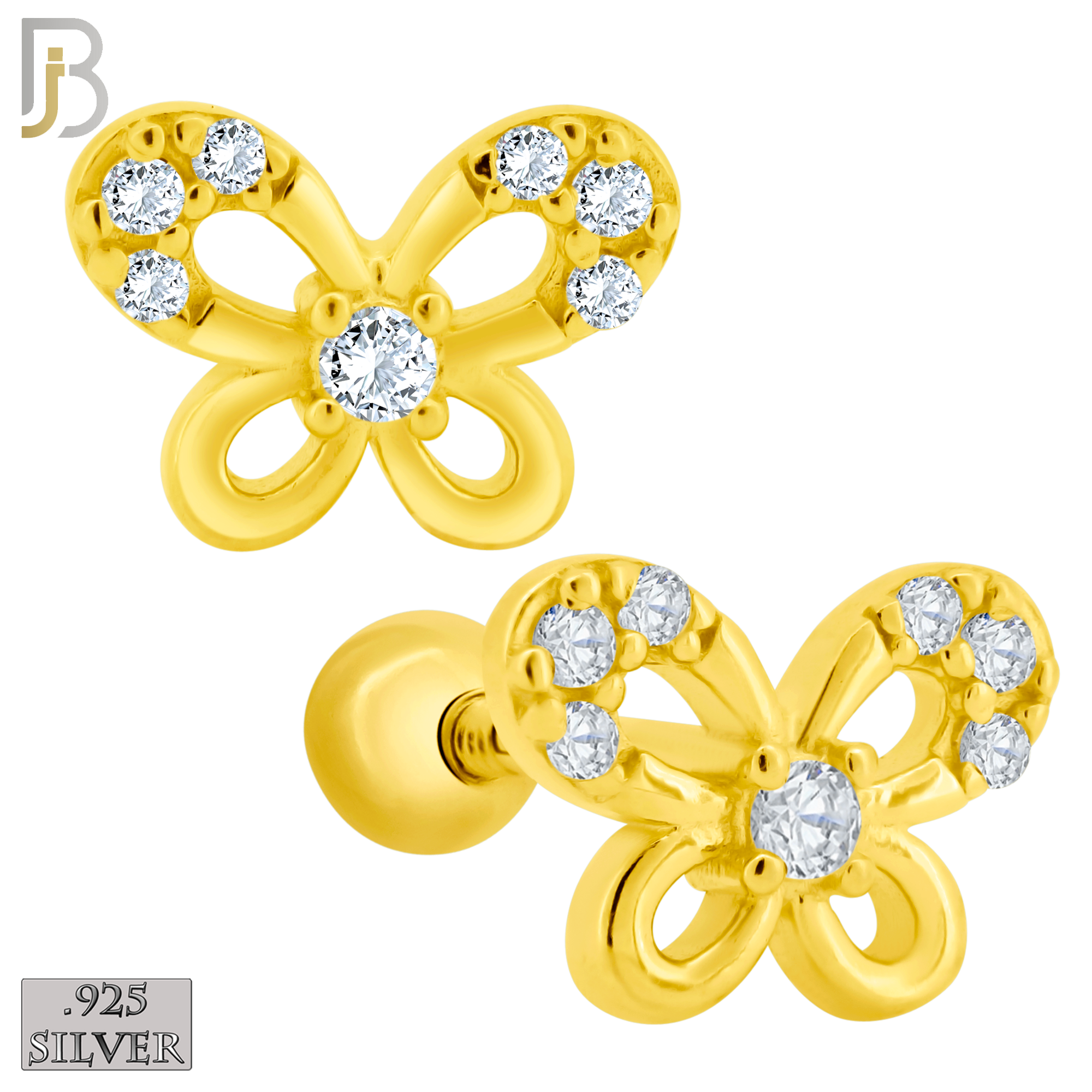 925-ES208 - Screw Ball Back - .925 Sterling Silver Butterfly Design Earring Stud with Clear Zircon image 2