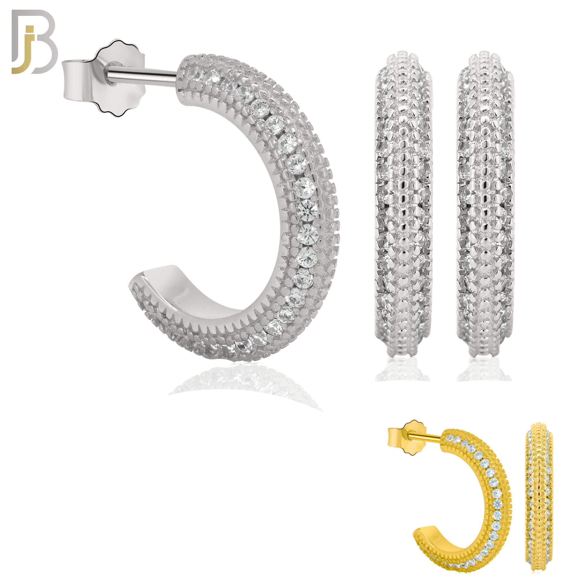 925-ES259 - .925 Sterling Silver Half Hoops with Multi Zircon in the Side Design Earrings Stud image 0