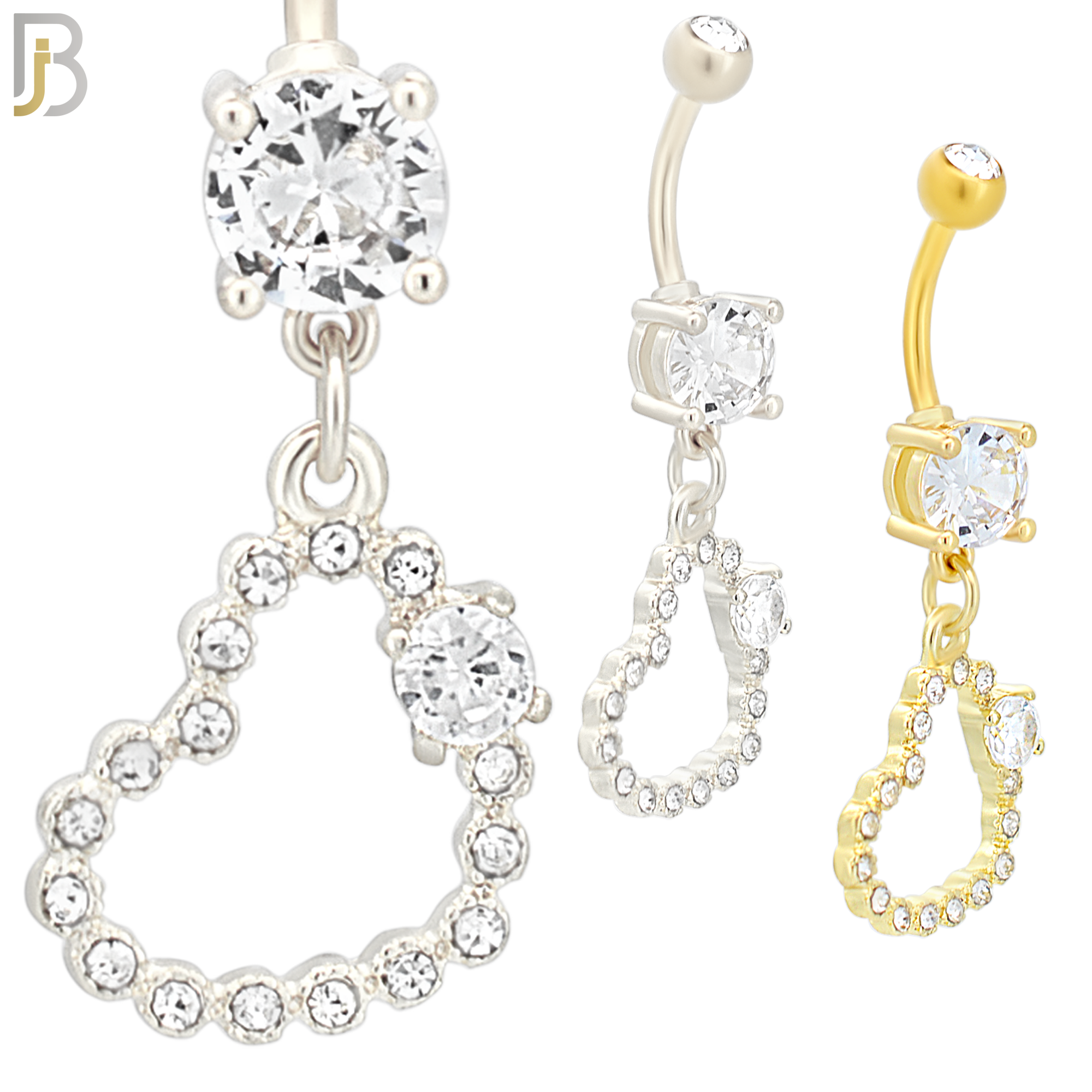 N038 - 316L Stainless Steel Dangling Hollow Heart Bezel with Single Prong  Zircon Design Belly Ring with 4mm Screw Ball image 0