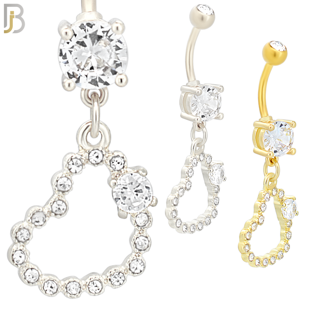 N038 - 316L Stainless Steel Dangling Hollow Heart Bezel with Single Prong  Zircon Design Belly Ring with 4mm Screw Ball image 0