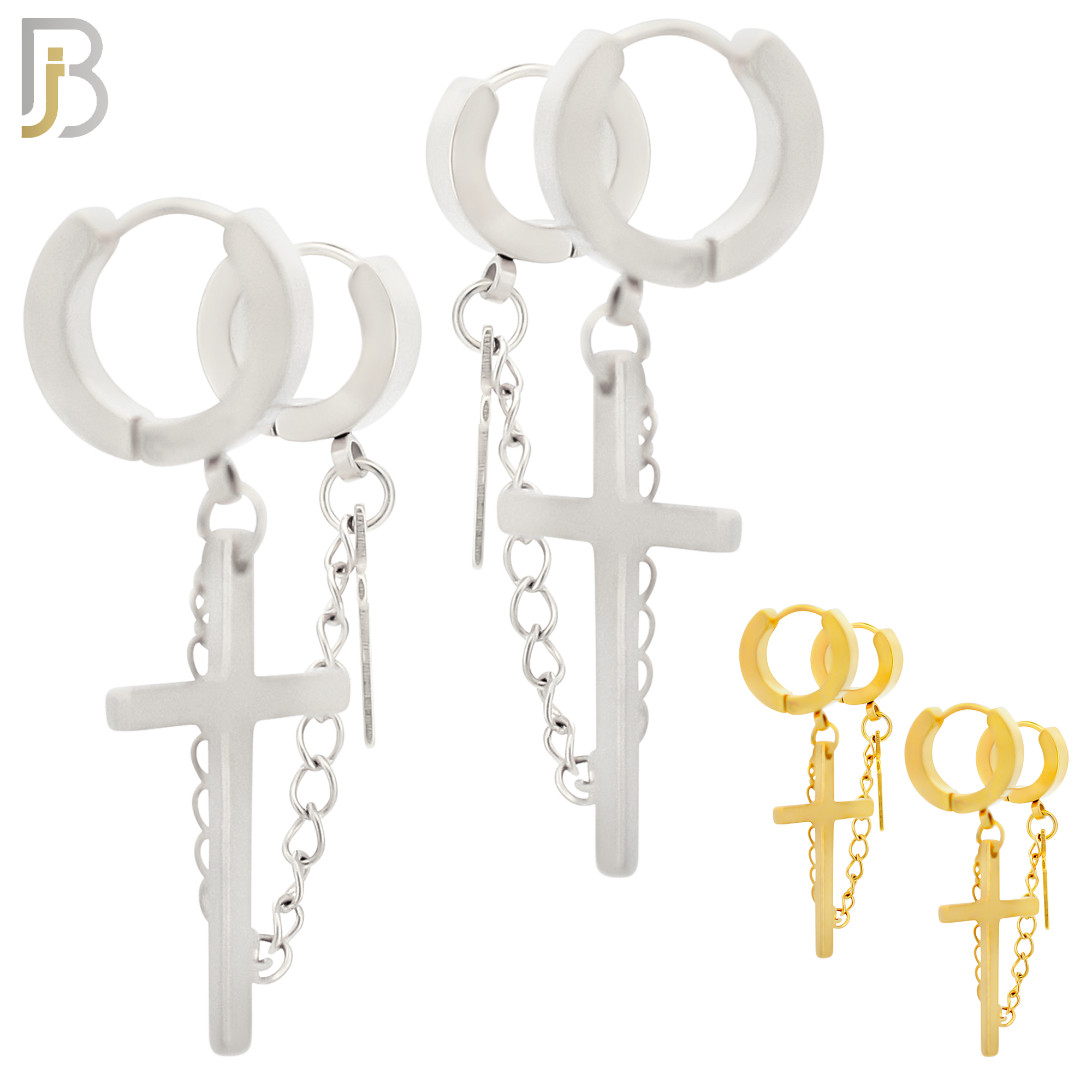 ES285 - 316L Stainless Steel Double Hoop Huggies Cross Link Chain Connector Earring image 0