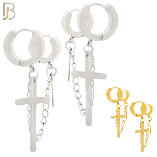 ES285 - 316L Stainless Steel Double Hoop Huggies Cross Link Chain Connector Earring image 0
