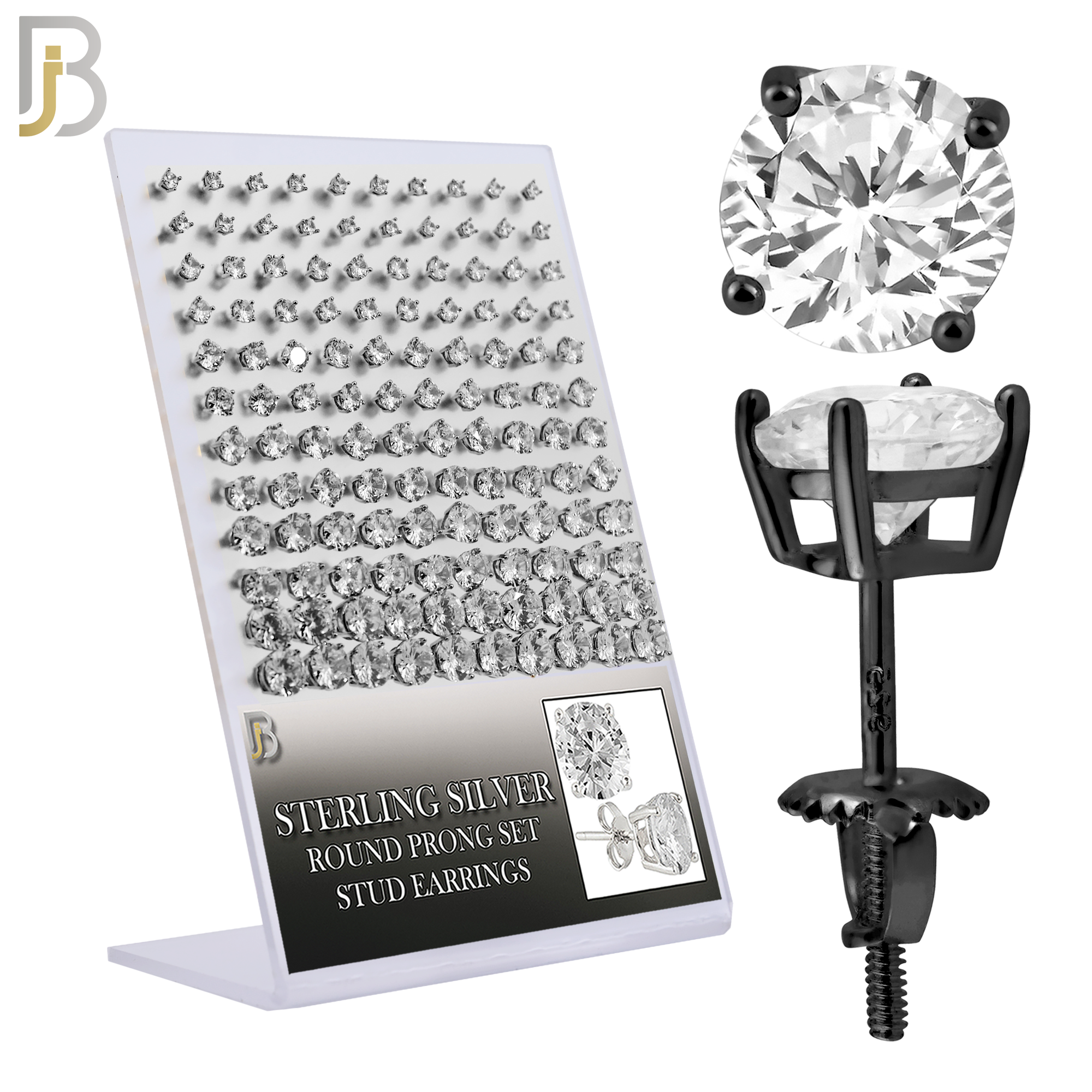 925-PK-ES79-KC - 925 Sterling Silver Black Plated Screw Back Stud Earring with Round Clear Zircon in Prong Setting - Pack of 60 image 0