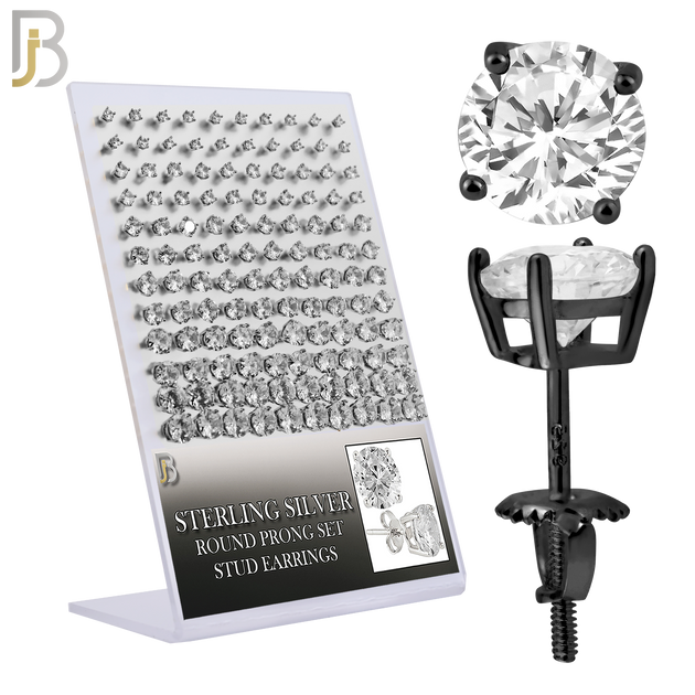 925-PK-ES79-KC - 925 Sterling Silver Black Plated Screw Back Stud Earring with Round Clear Zircon in Prong Setting - Pack of 60 image 0