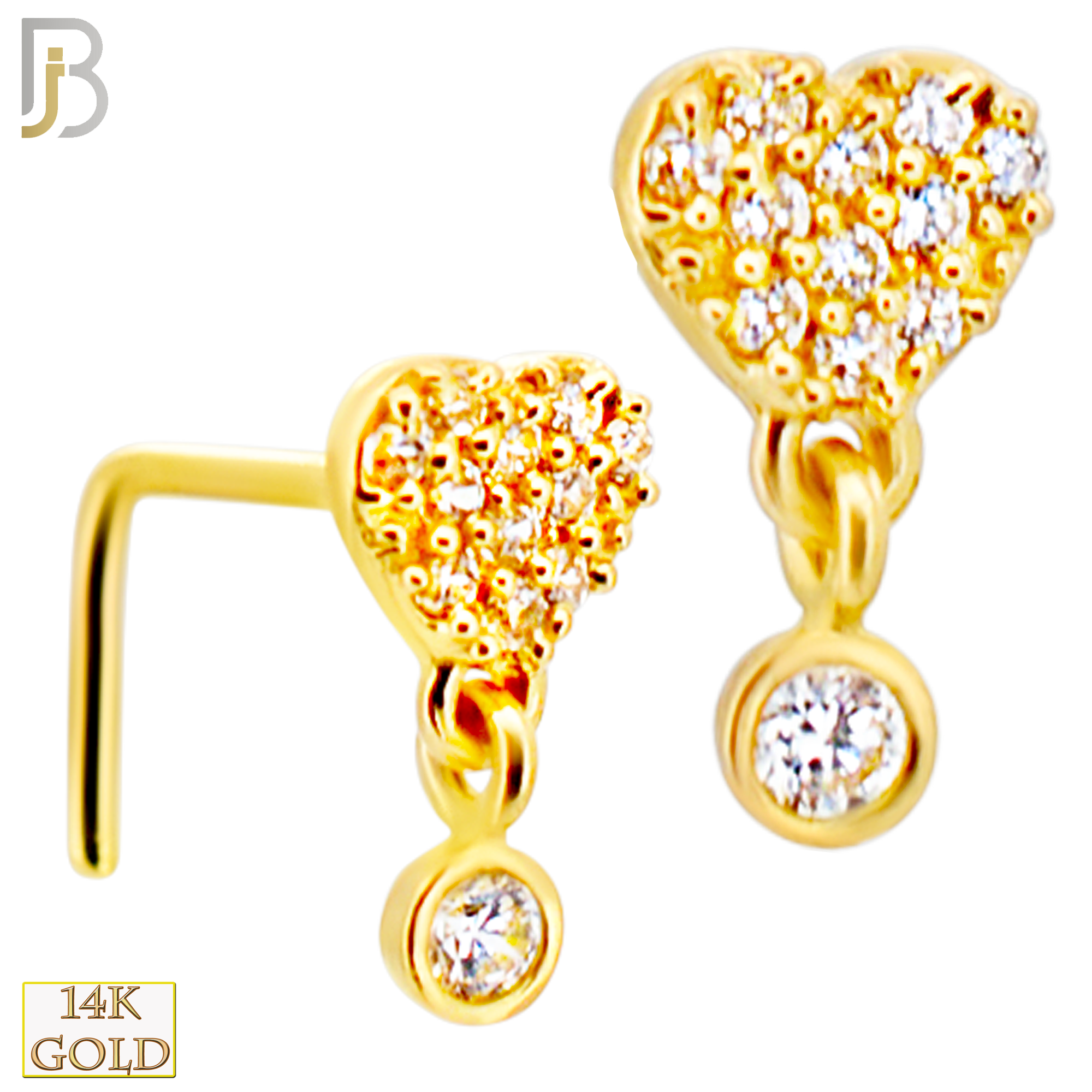 14-NR109L- 14k Gold Solid Studded Heart with Dangling CZ in Bezel Setting L-Shape image 0