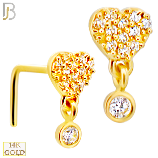 14-NR109L- 14k Gold Solid Studded Heart with Dangling CZ in Bezel Setting L-Shape image 0