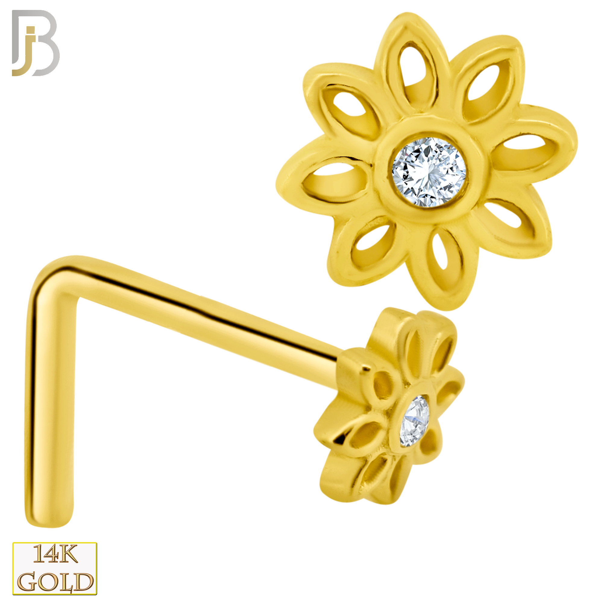 14-NR52L - 14k Solid Gold L-Shape Flower Design Clear Zircon image 0