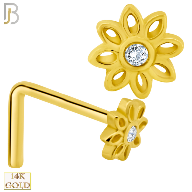 14-NR52L - 14k Solid Gold L-Shape Flower Design Clear Zircon image 0