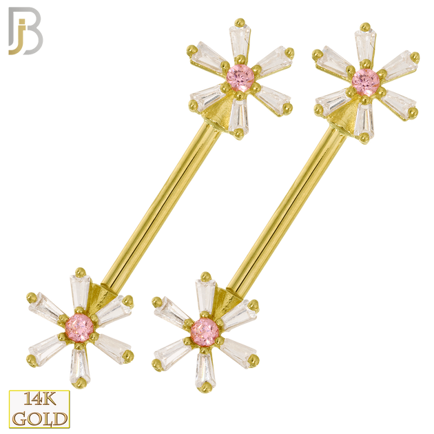 14-NP29 – 14K Solid Gold Flower Design with Zircon Externally Threaded Nipple Ring (Pair) image