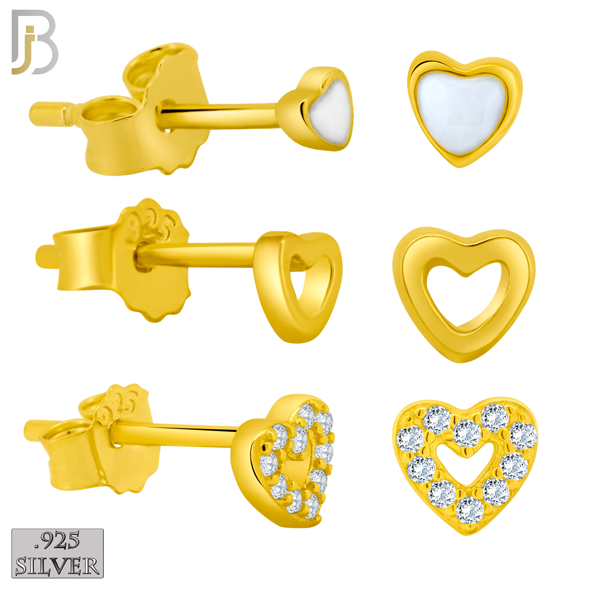 925-ES383 - .925 Sterling Silver Three Pair Set of Heart Stud Earrings (Plain Hollow Heart, CZ Studded Hollow Heart, Heart White Enamel) image 1