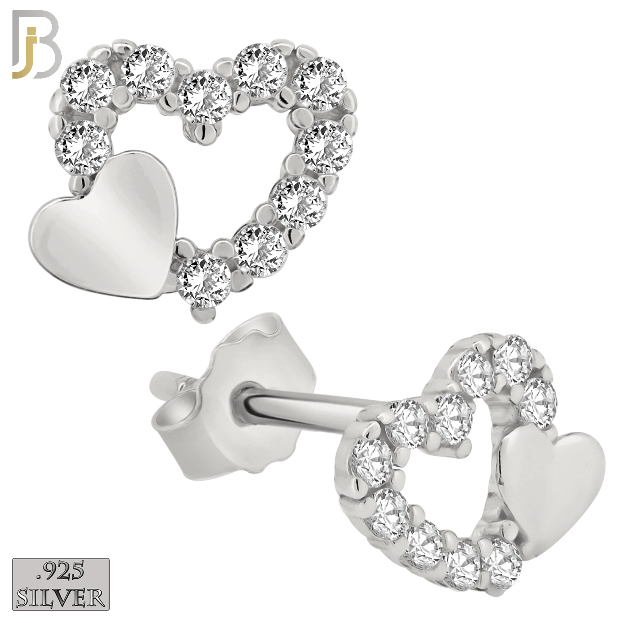 925-ES160 - .925 Sterling Silver Double Heart with Zircon Design Earring Stud image 1