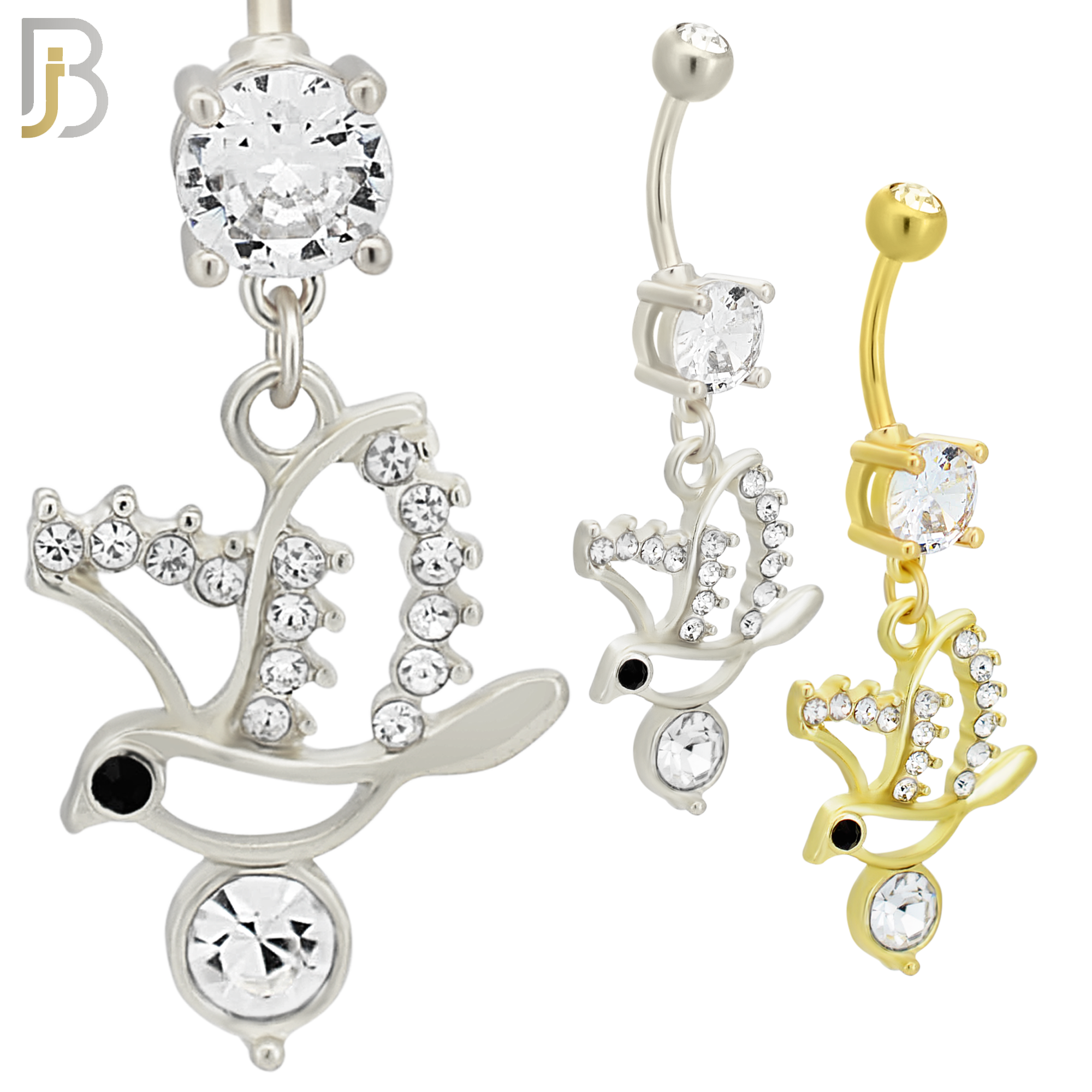 N0109  - 316L Stainless Steel Round Zircon with Dangling Flying Bird with Zircon Belly Ring image 0