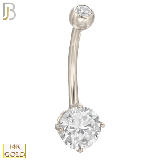 14-NB01 - 14k Solid Gold Banana Belly Ring Round Prong Setting CZ image 3