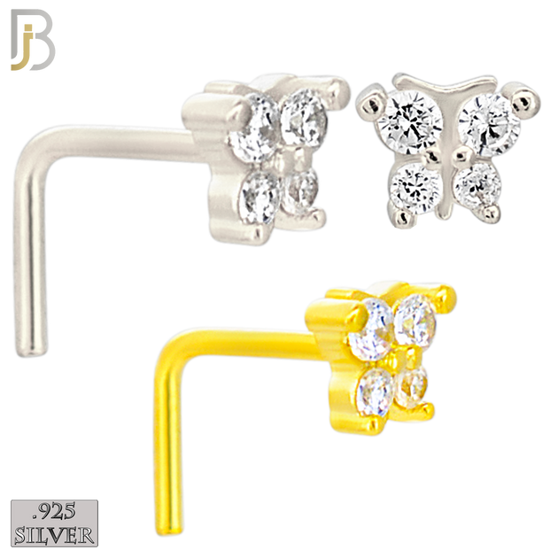 925-NR34LGSC - 925 Sterling Silver Butterfly Design L Shape Nose Ring (Pack of 6) - Rhodium Plated and Yellow Gold Plated image