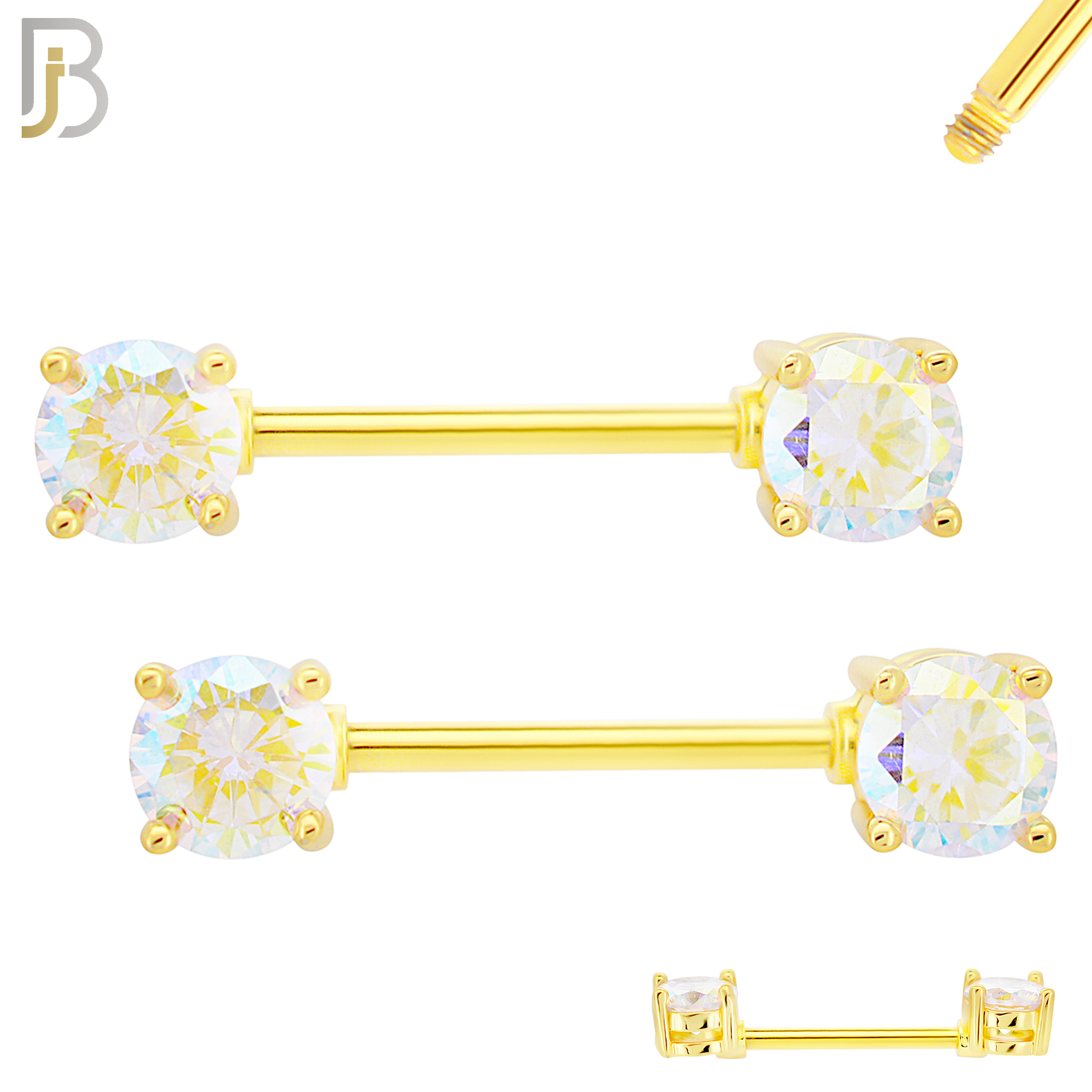 NP02G - 316L Surgical Steel Gold Plated Screw Prong Round Zircon Nipple Ring Piercing image 2