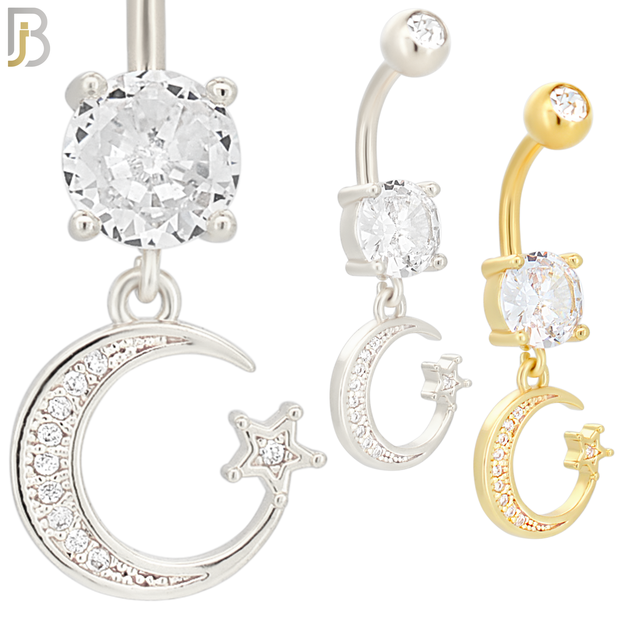 N020 - 316L Stainless Steel Dangling Crescent Moon with Star and Zircon Design Belly Ring with 5mm Screw Ball image 0