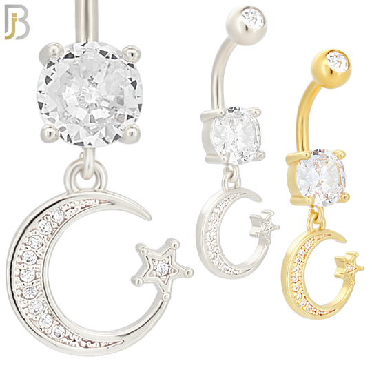 N020 - 316L Stainless Steel Dangling Crescent Moon with Star and Zircon Design Belly Ring with 5mm Screw Ball image 0