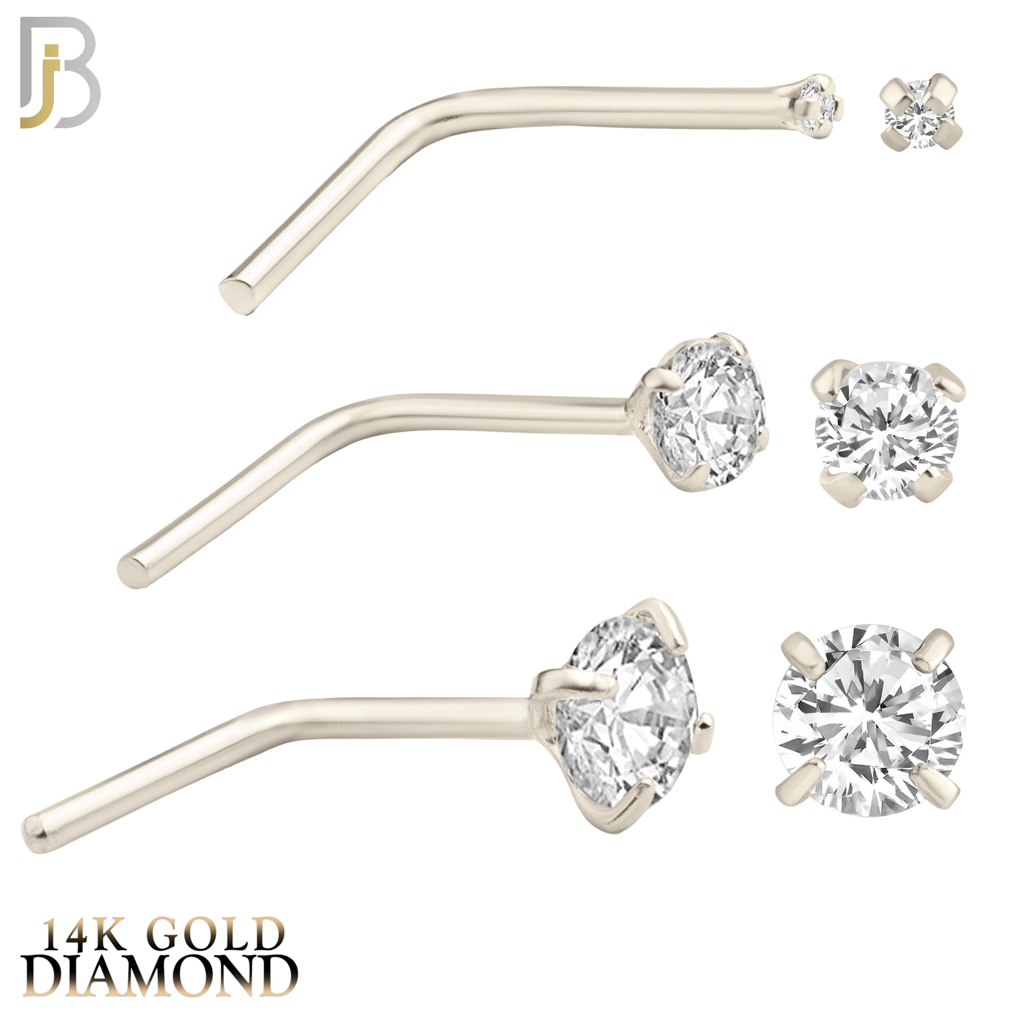 14-NR10DW - 22g Thickness 14k Solid White Gold Prong Setting  Round Si1 Diamond L-Shape image 0