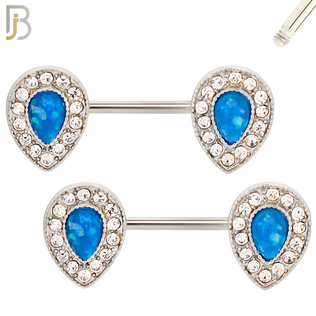 NP09 - 316L Surgical Steel Screw Teardrop Opal with Multi Zircon Nipple Ring Piercing image 3