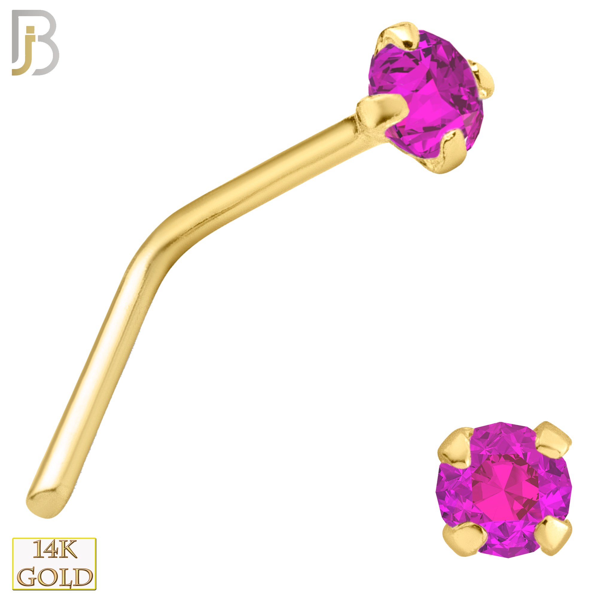 14-NR10YPS-22 -  22g - 14k Yellow Gold L-Shaped Nose Ring with Pink Sapphire in Prong Setting - 1.5mm image