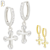 ES104 - 316L Stainless Steel Dangling Cross with Zircon Huggies Clip On image 0