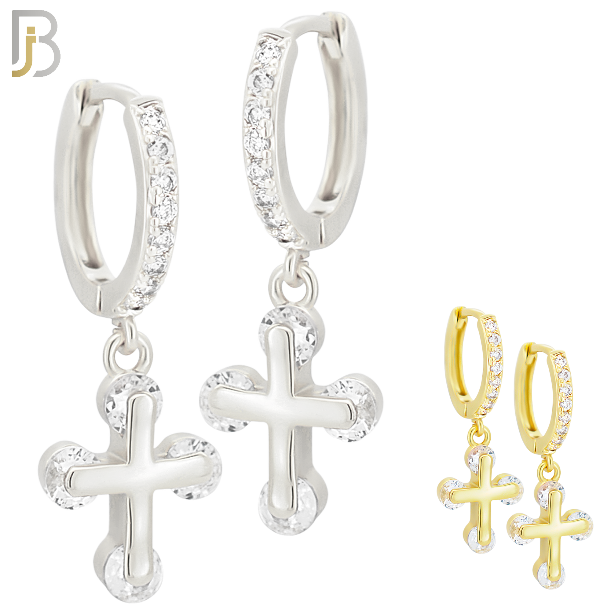 ES104 - 316L Stainless Steel Dangling Cross with Zircon Huggies Clip On image 0