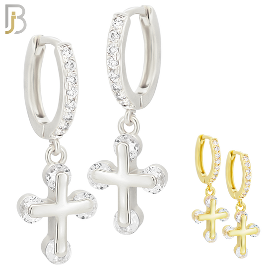 ES104 - 316L Stainless Steel Dangling Cross with Zircon Huggies Clip On image 0