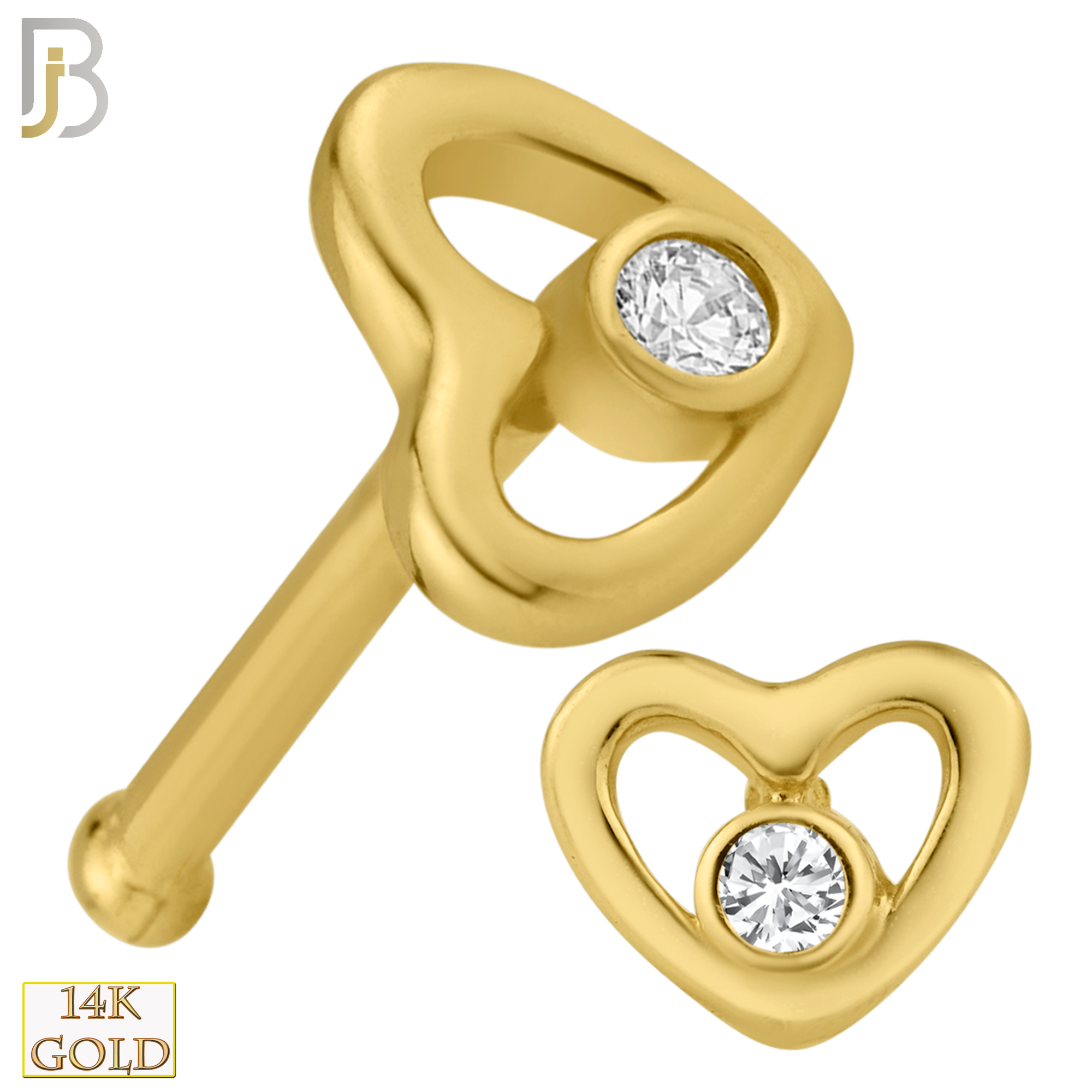 14-NR28BYC - 14k Solid Gold Nose Bone Plain Hollow Heart CZ Design image 0