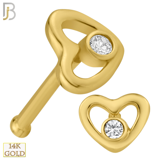 14-NR28BYC - 14k Solid Gold Nose Bone Plain Hollow Heart CZ Design image 0