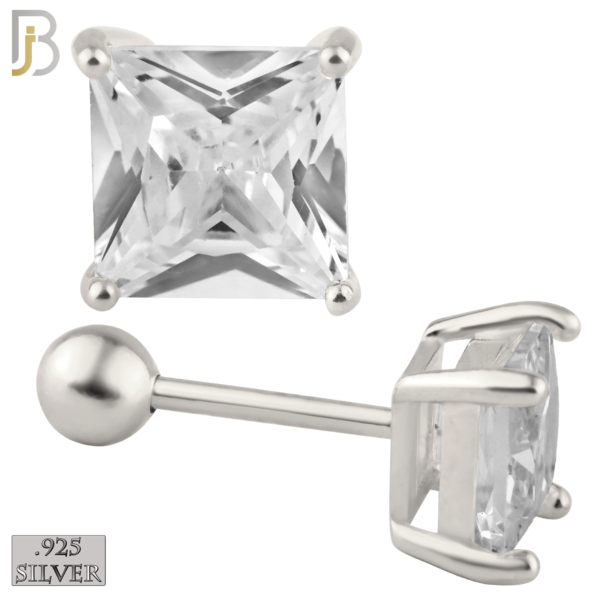 925-ES312-SC - 925 Sterling Silver Rhodium Plated Screw Ball Back Stud Earrings Casting Prong Setting with Square Clear Zircon image 0