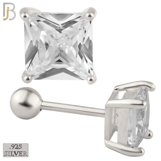 925-ES312-SC - 925 Sterling Silver Rhodium Plated Screw Ball Back Stud Earrings Casting Prong Setting with Square Clear Zircon image 0