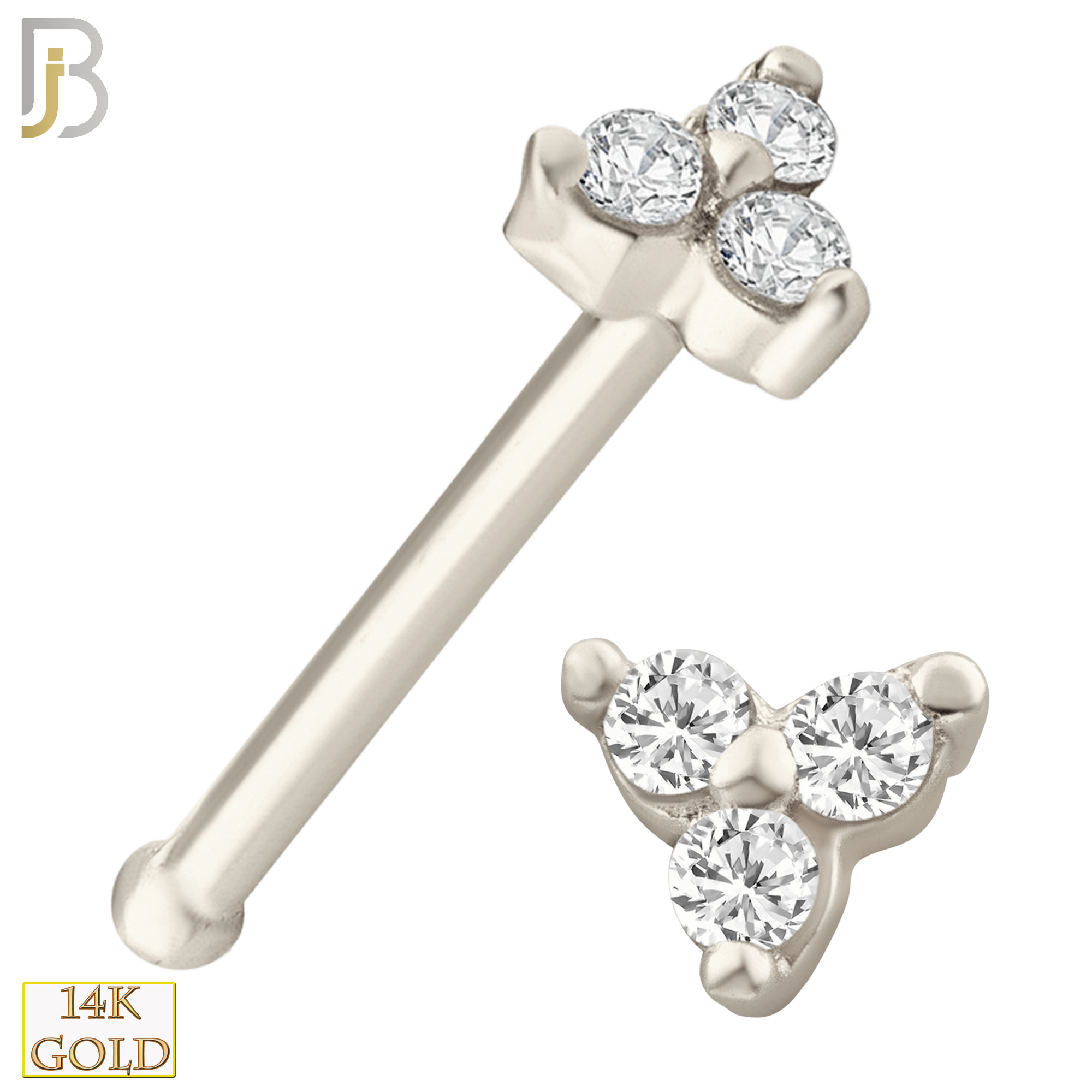 14-NR20BWC - 14k White Gold Prong Setting Three Stone Triangle Shape Nose Bone - 2.5mm image