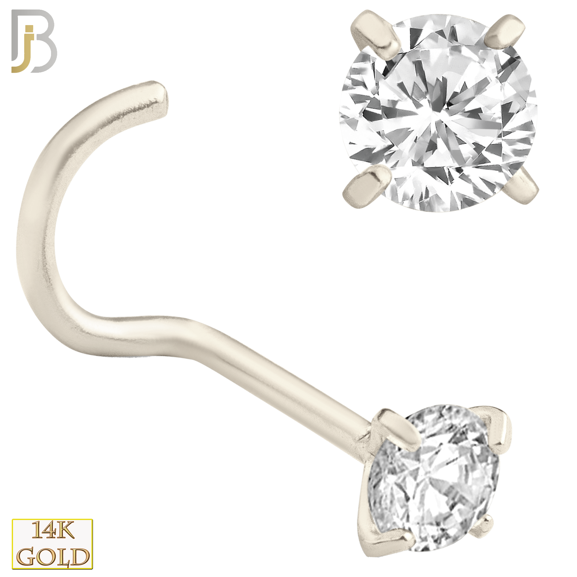 14-NR03CW-22 - 14k Solid White Gold 22g Prong Setting  Round Cubic Zircona Nose Screw, Cork Screw image 6