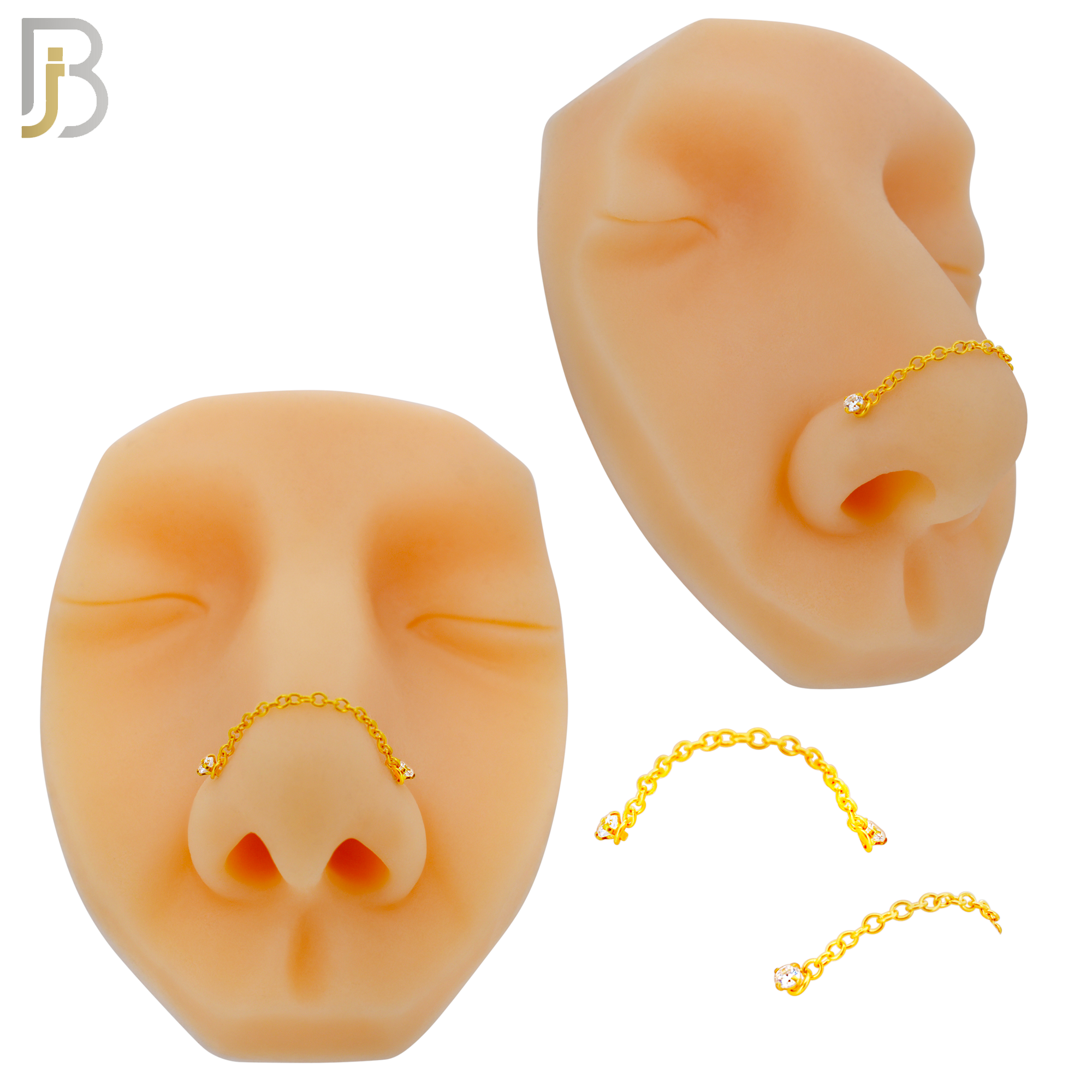 NR119L - 316 Surgical Steel Double L-Shaped Nose Rings with 2.5mm CZ in Prong Set and Single Chain Link - (Pack of 3) image 3