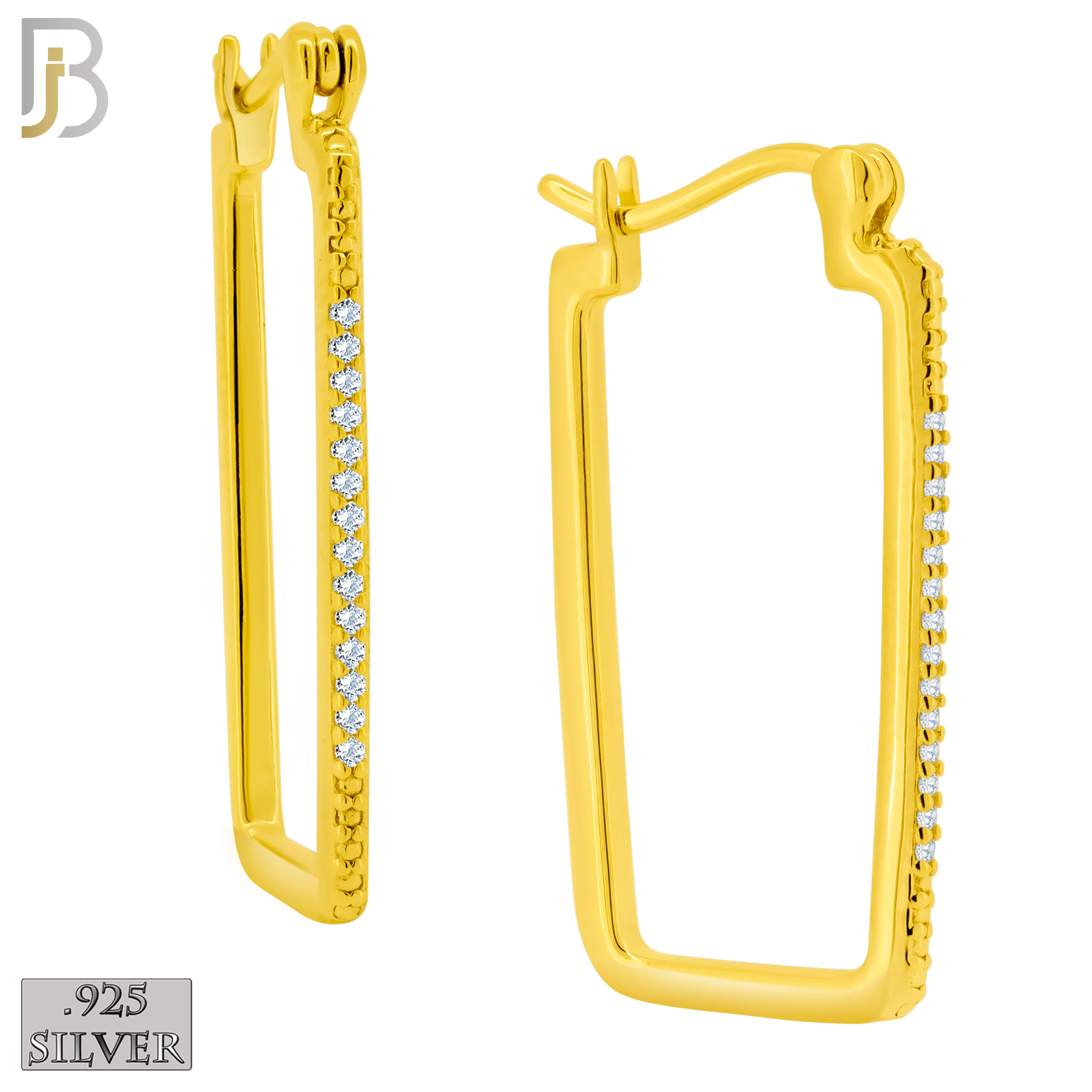 925-ES394 - .925 Sterling Silver CZ Studded Longer Rectangular Hoop Earrings image 1