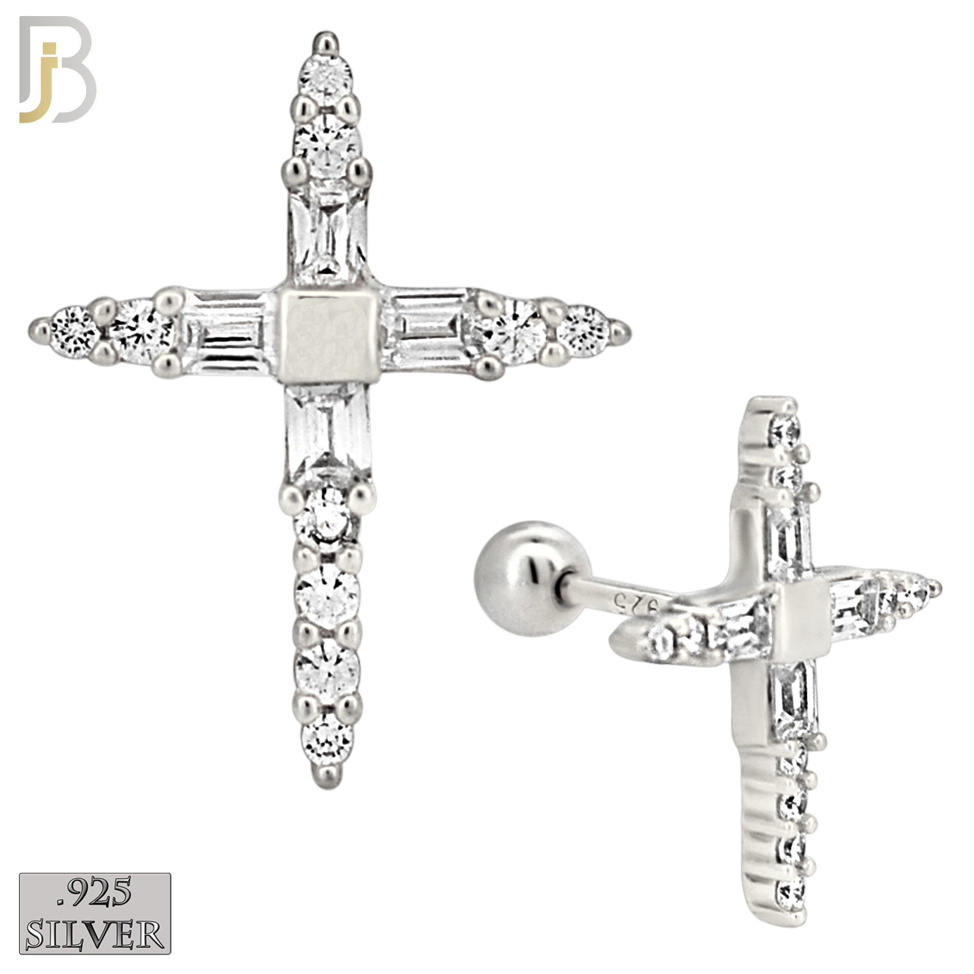 925-ES270-B - .925 Sterling Silver Pointed Cross with Zircon Design Earrings Screw Ball image 1