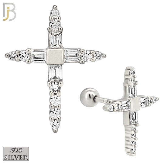 925-ES270-B - .925 Sterling Silver Pointed Cross with Zircon Design Earrings Screw Ball image 1