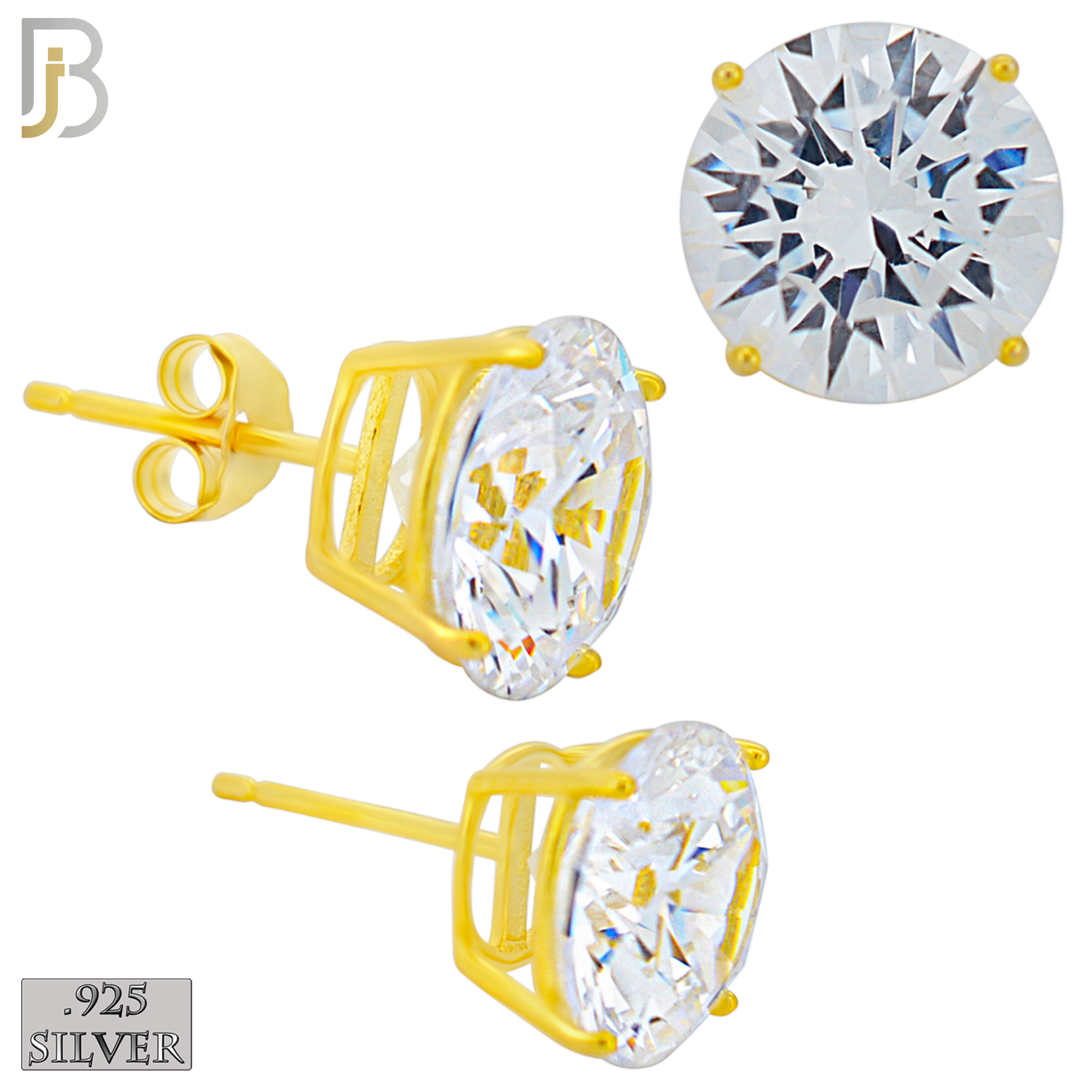 925-ES71-GC - .925 Sterling Silver Gold Plated Earring Stud Casting Round Prong Setting Clear Zircon - 10mm image