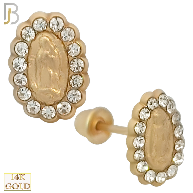 14k Solid Gold Virgin Mary Stud Earrings with 15 Zircon - Screw Back image 0