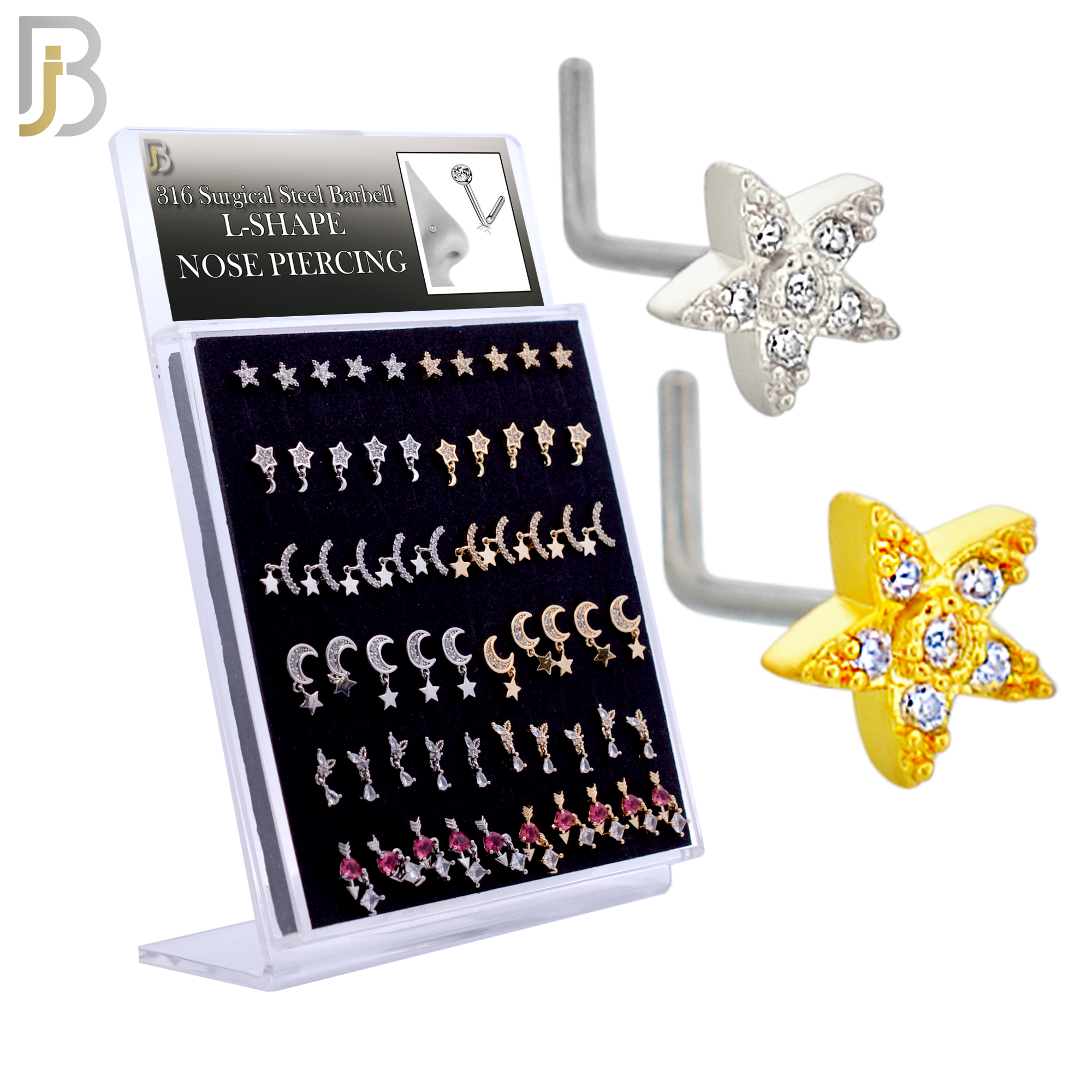 PK-NRMX06L - 316 Surgical Steel L-Shape Nose Ring with Six Different Designs - Pack of 60 pcs image 0
