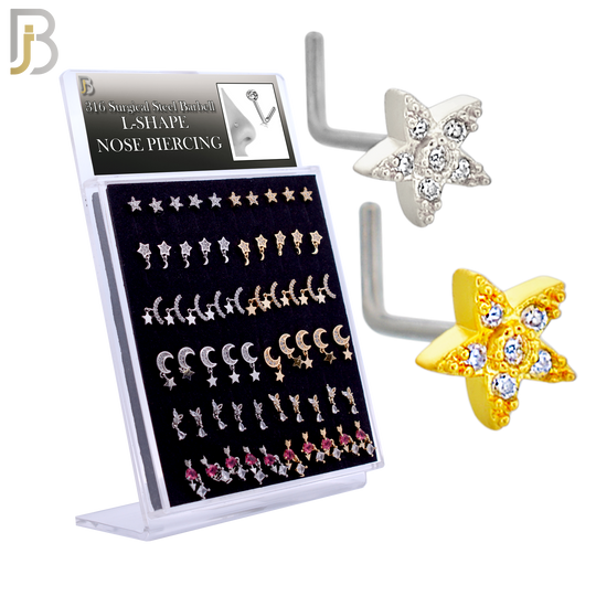 PK-NRMX06L - 316 Surgical Steel L-Shape Nose Ring with Six Different Designs - Pack of 60 pcs image 0