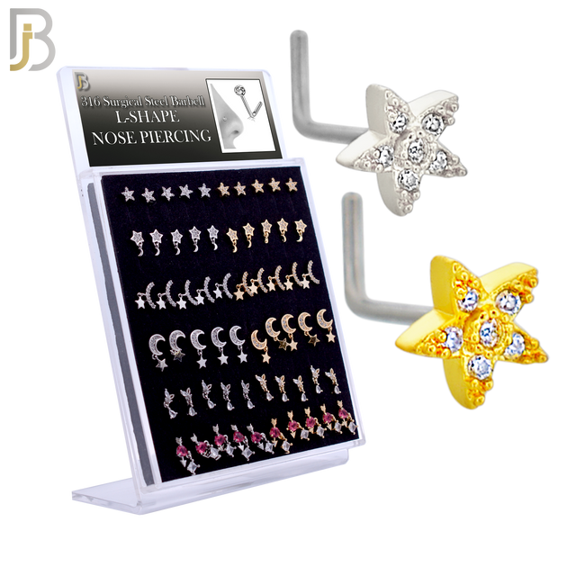 PK-NRMX06L - 316 Surgical Steel L-Shape Nose Ring with Six Different Designs - Pack of 60 pcs image 0