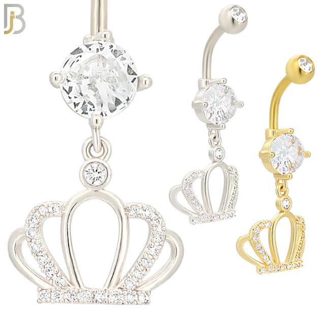 N051 - 316L Stainless Steel Dangling Crown CZ Design Belly Ring with 5mm Screw Ball Top image 0