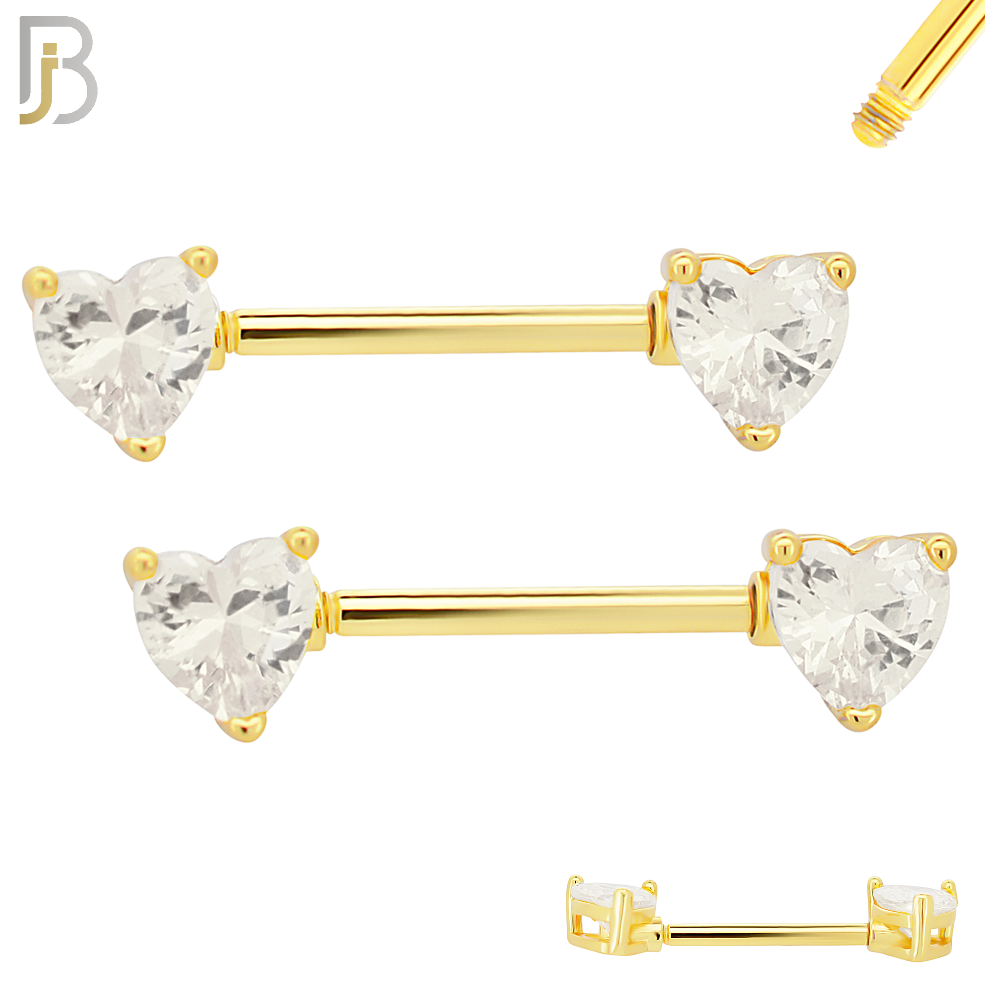 NP03G - 316L Surgical Steel Gold Plated Screw Prong Heart Zircon Nipple Ring Piercing image 4