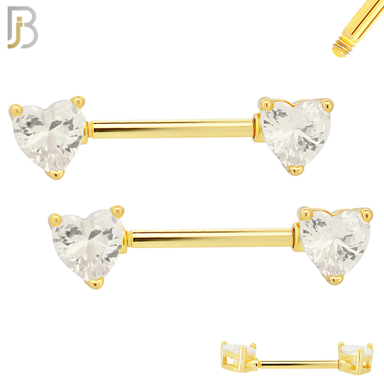 NP03G - 316L Surgical Steel Gold Plated Screw Prong Heart Zircon Nipple Ring Piercing image 4