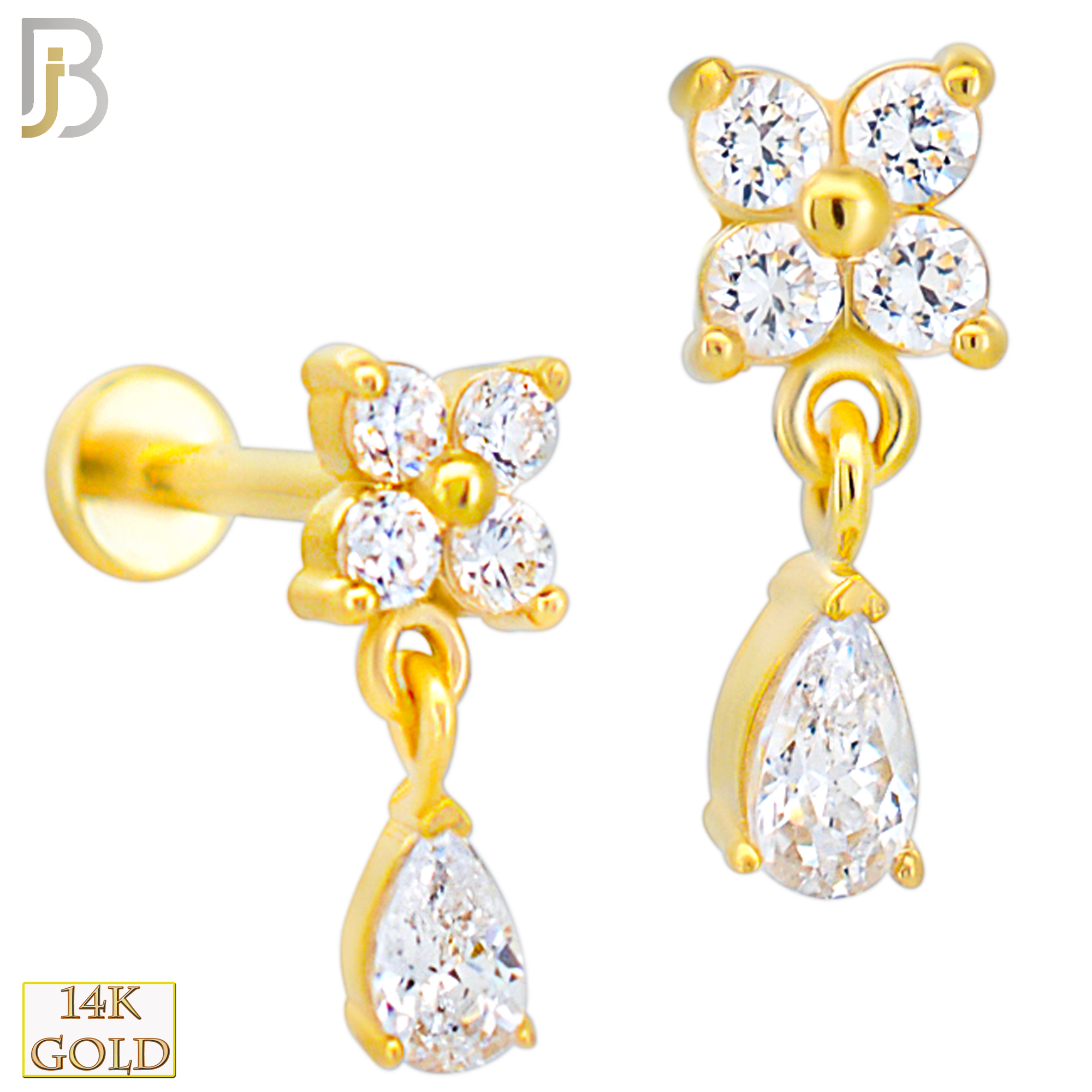 14-LB107 - 14k Yellow Gold Four Petal Flower with Dangling Tear Drop CZ Labret image 0
