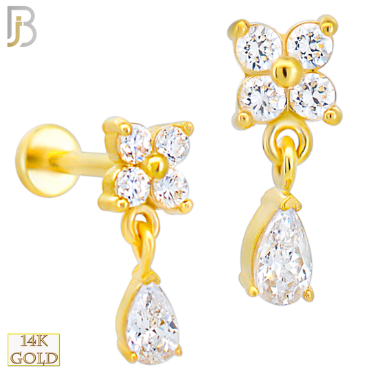 14-LB107 - 14k Yellow Gold Four Petal Flower with Dangling Tear Drop CZ Labret image 0